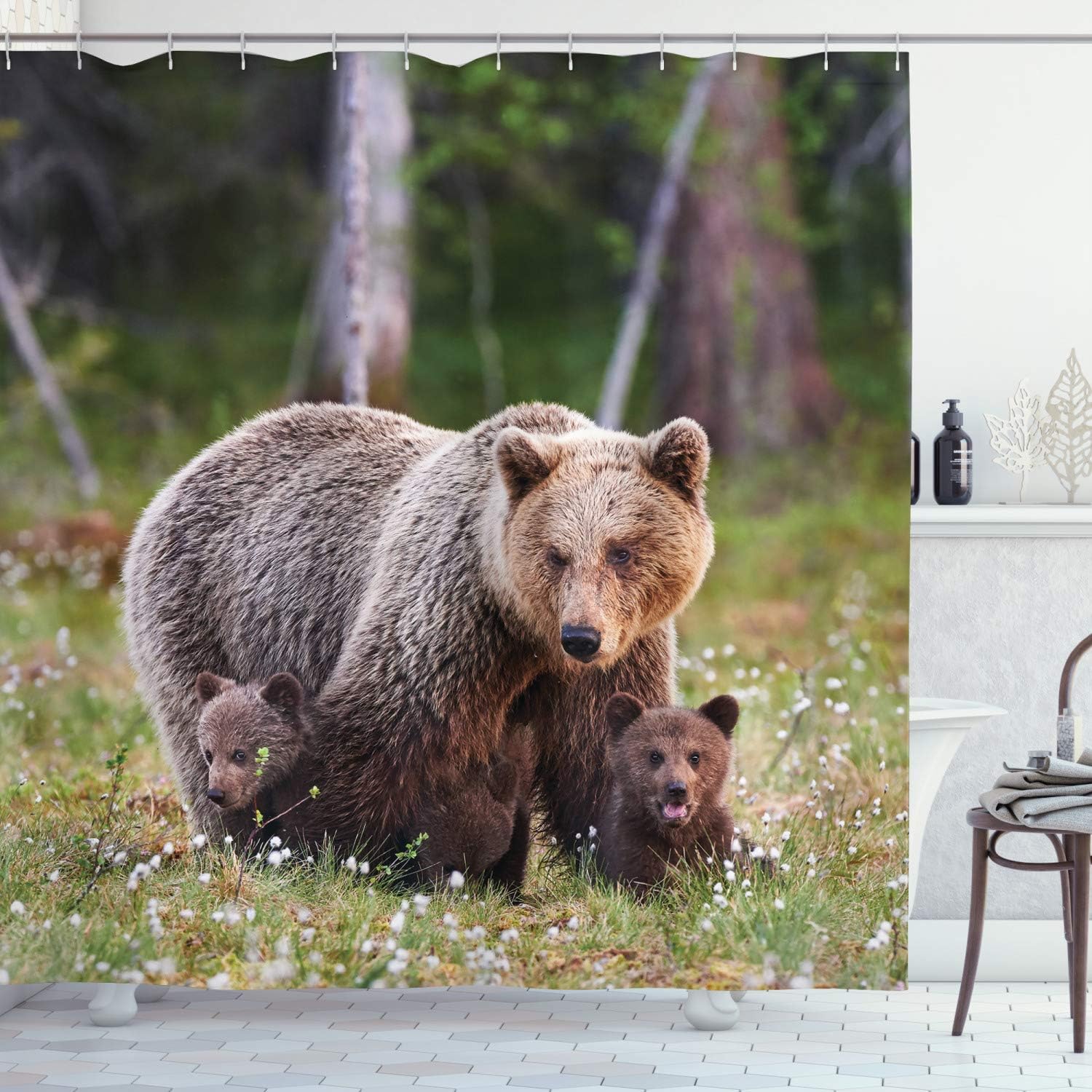 Finnish Wilderness Shower Curtain, Mother Bear And Cubs In Nordic Forest, Cloth Bathroom Decor Wl, Fern Green And Cocoa