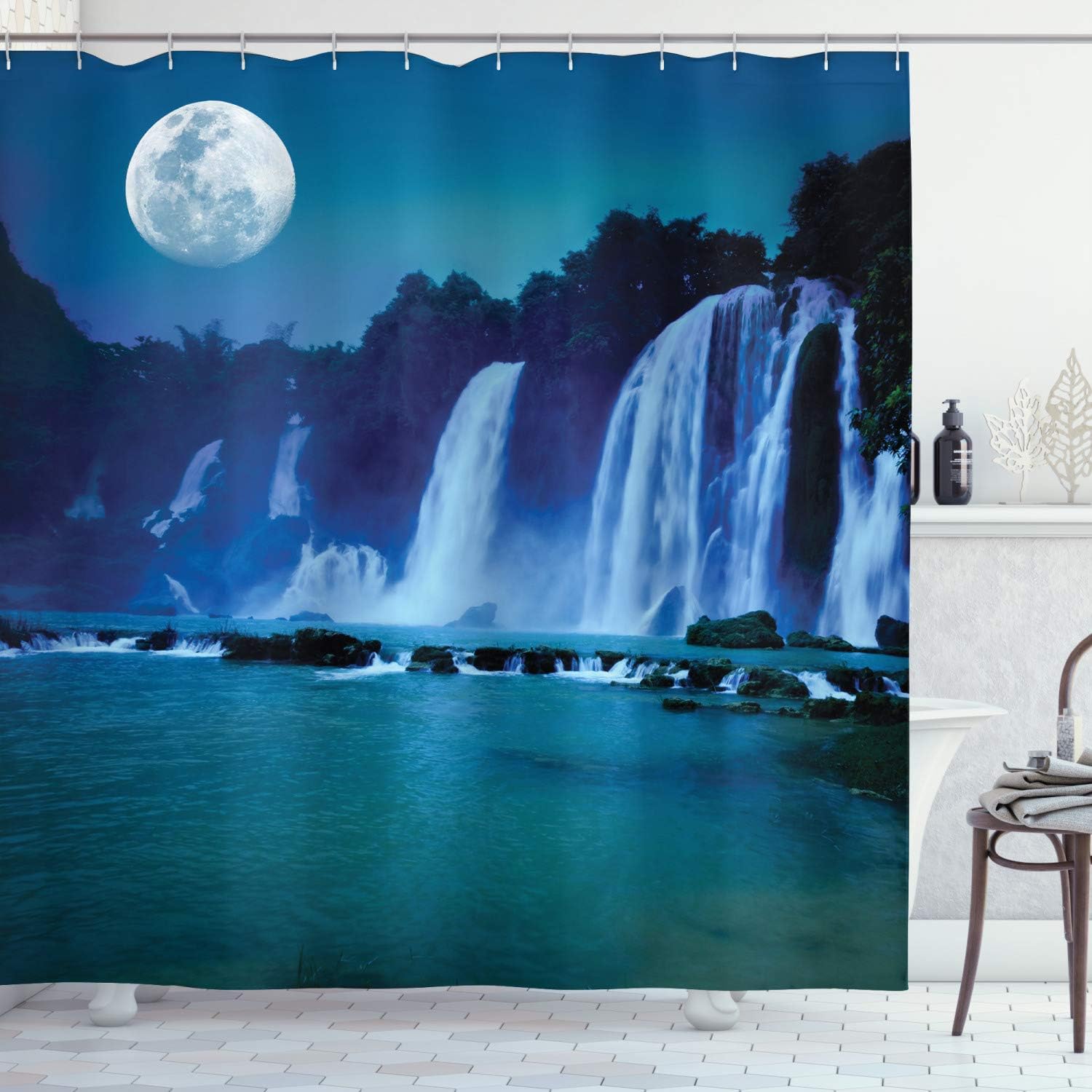 Nature View Waterfall Shower Curtain, Moonlit Waterfall Under Full Moon, Cloth Bathroom Decor, Turquoise Blue