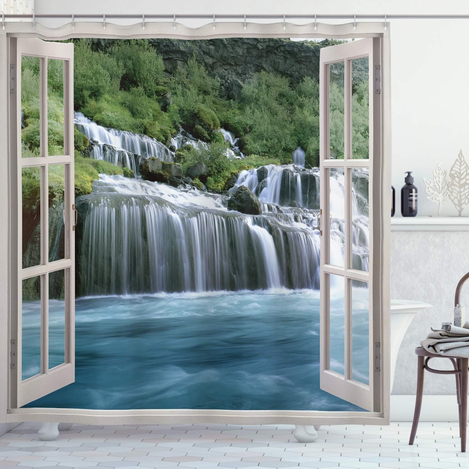 Imaginary Secret Paradise Blue & Green Waterfall Shower Curtain, Window Bathroom Decor