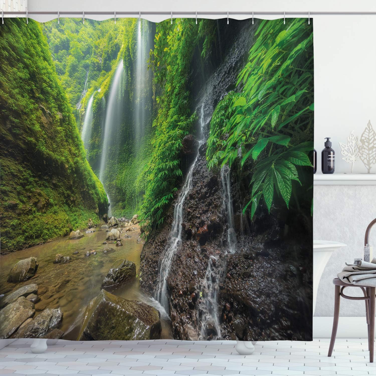 Indonesian Waterfall Shower Curtain Bathroom Decor In Green And Brown, Bathroom Curtain