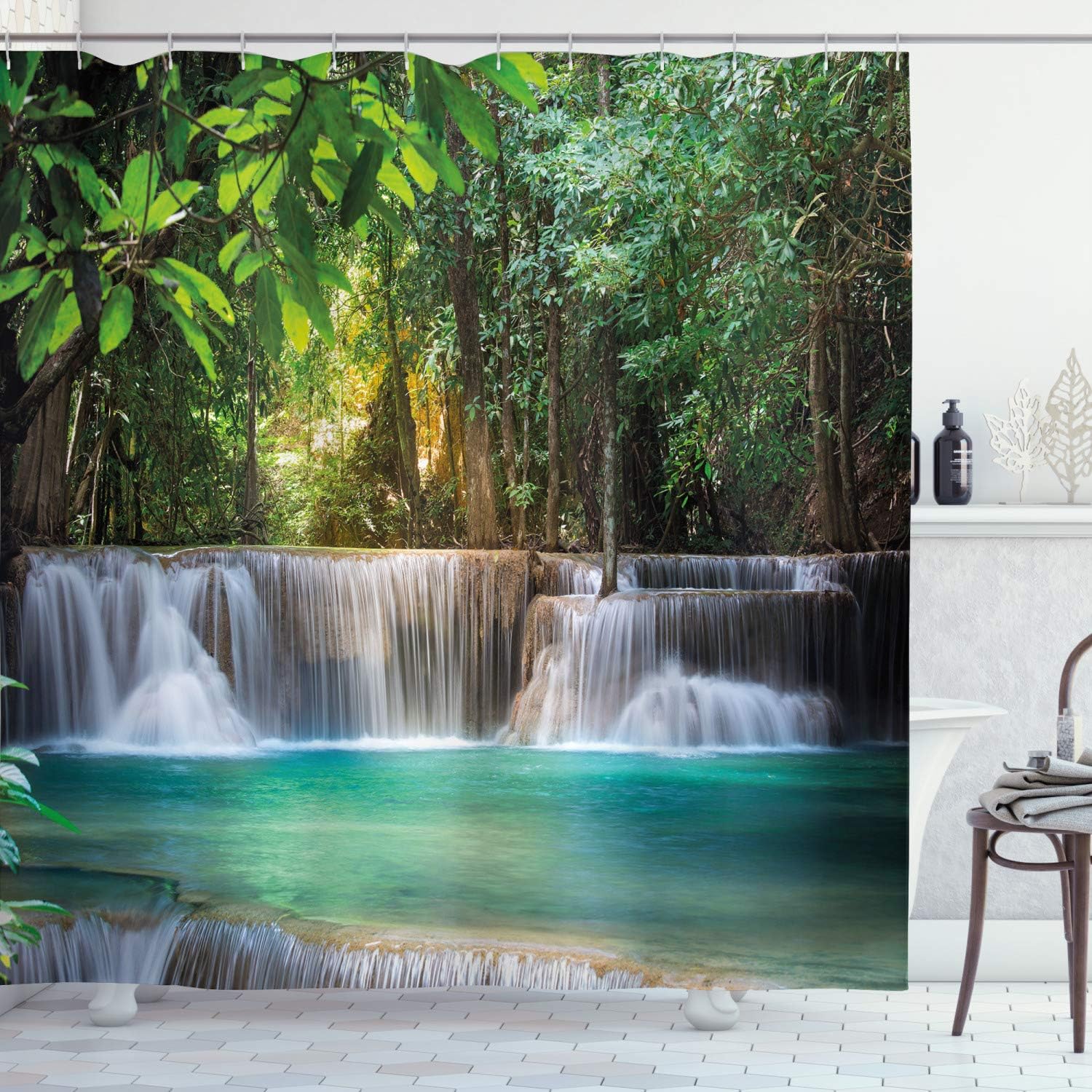Exotic Trees Landscape Blue & Green Waterfall Shower Curtain, Heavenly Bathroom Decor