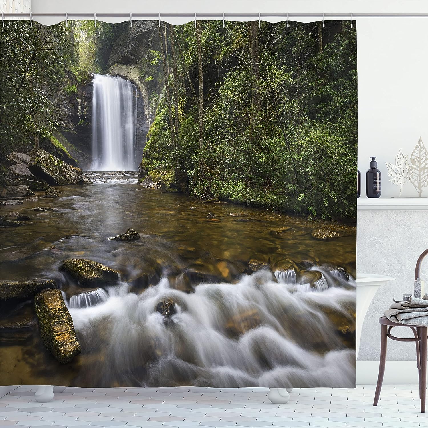 Calming River Waterfall Shower Curtain, Waterfalls In North Western Lands, Cloth Bathroom Decor, Green And Brown