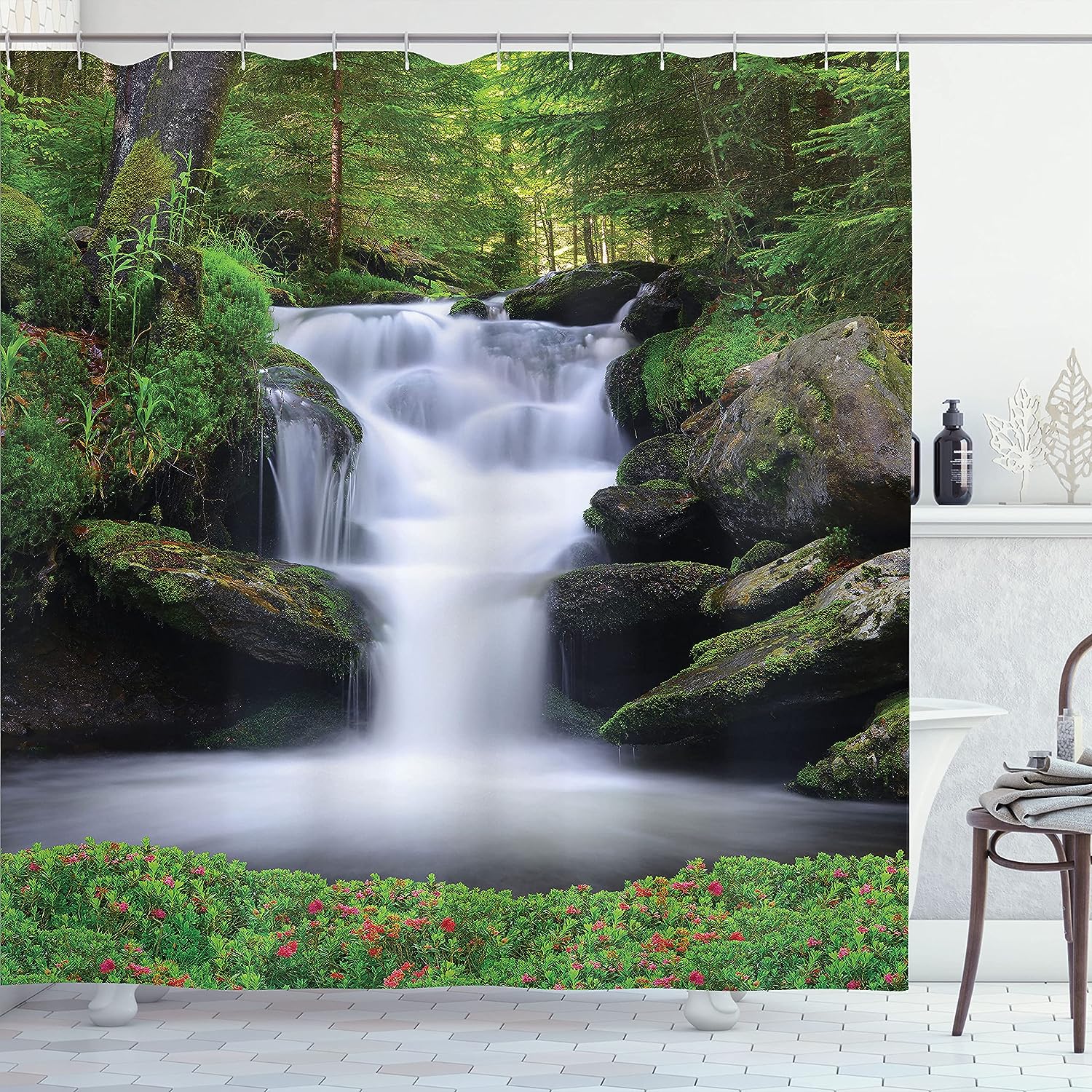Dreamy Forest Trees Flowers Green Waterfall Shower Curtain, Nature Bathroom Decor