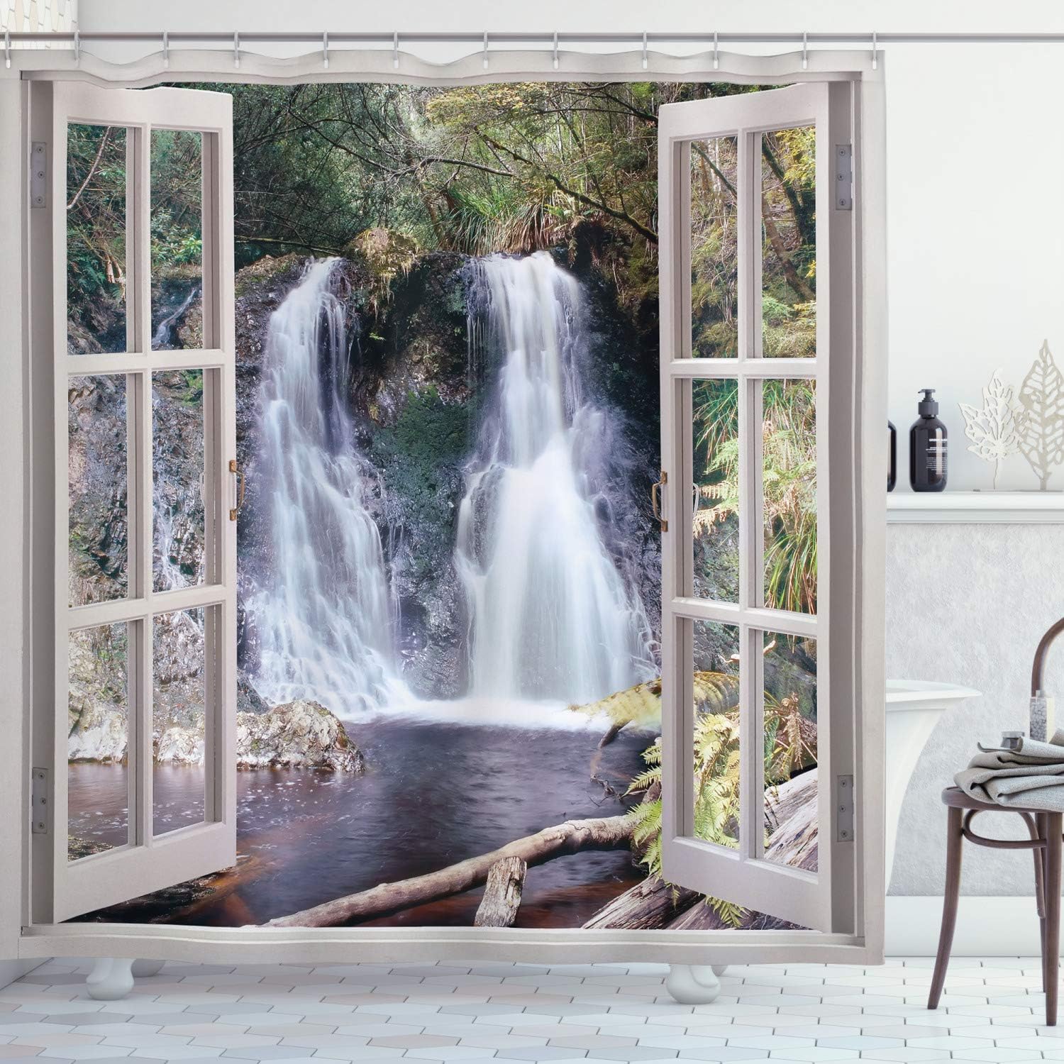 National Park Panoramic Fresh Brown & Green Waterfall Shower Curtain, Scenic Bathroom Decor