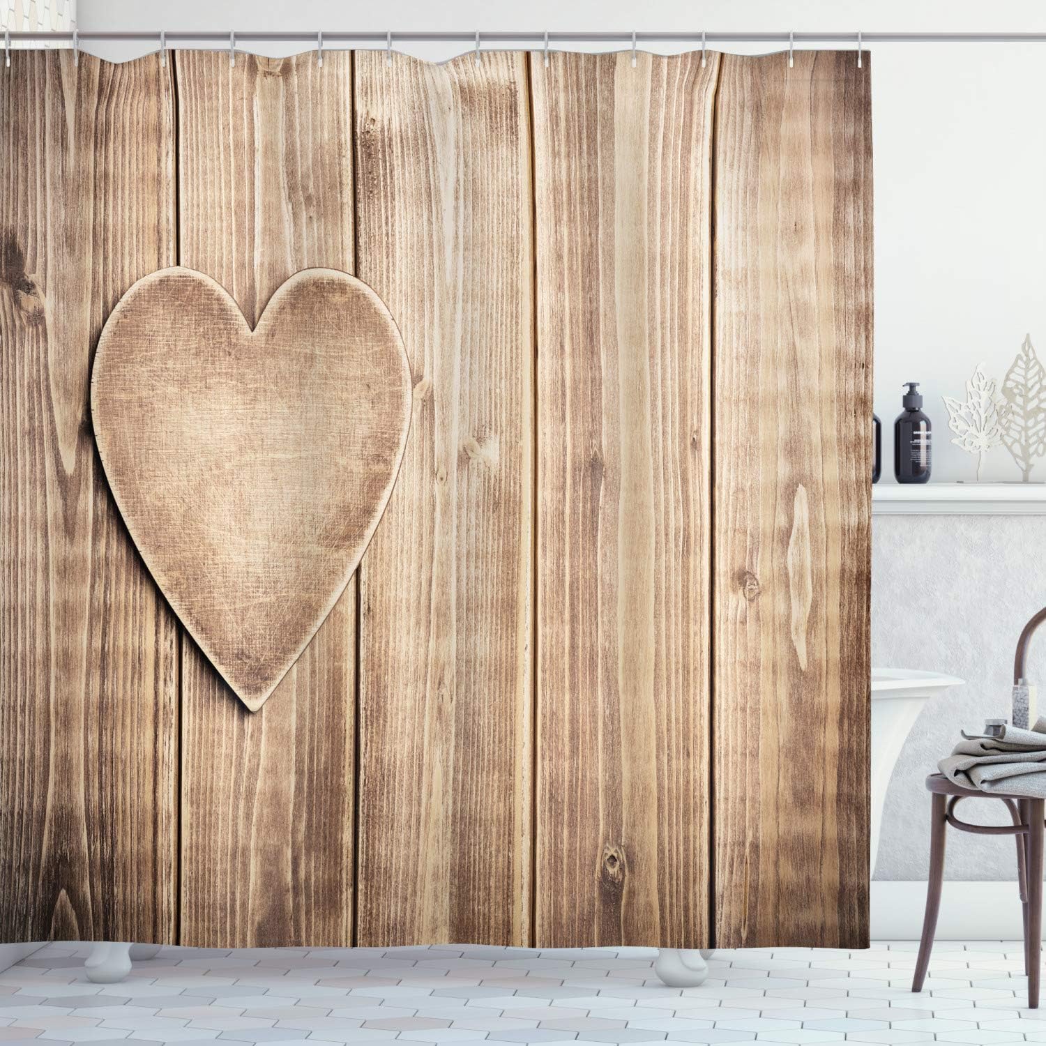 Rustic Heart Valentines Day Shower Curtain, Lovers Corner Wood Planks Print Cloth Fabric Bathroom Decor