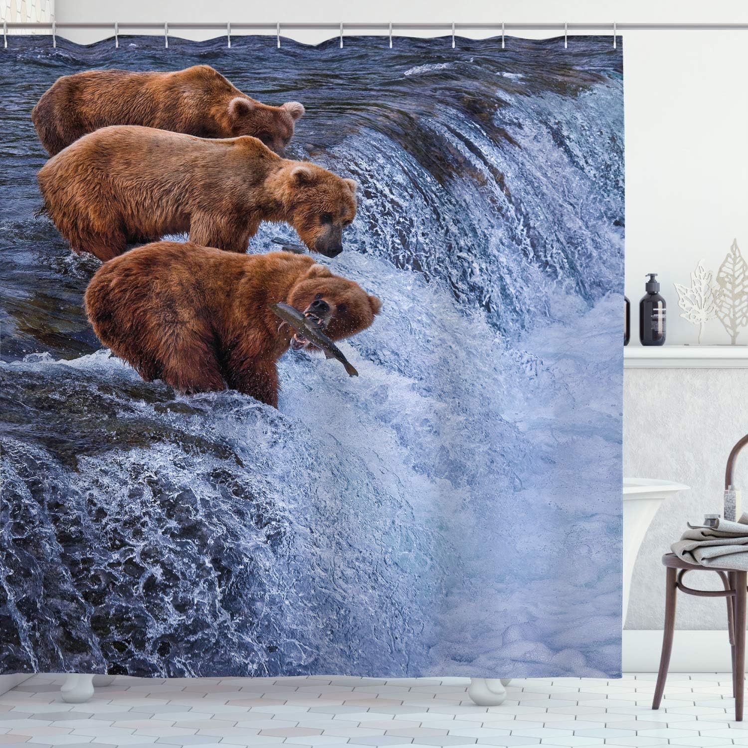 Grizzly Bears Fishing Shower Curtain Alaska Nature Camp Bathroom Decor