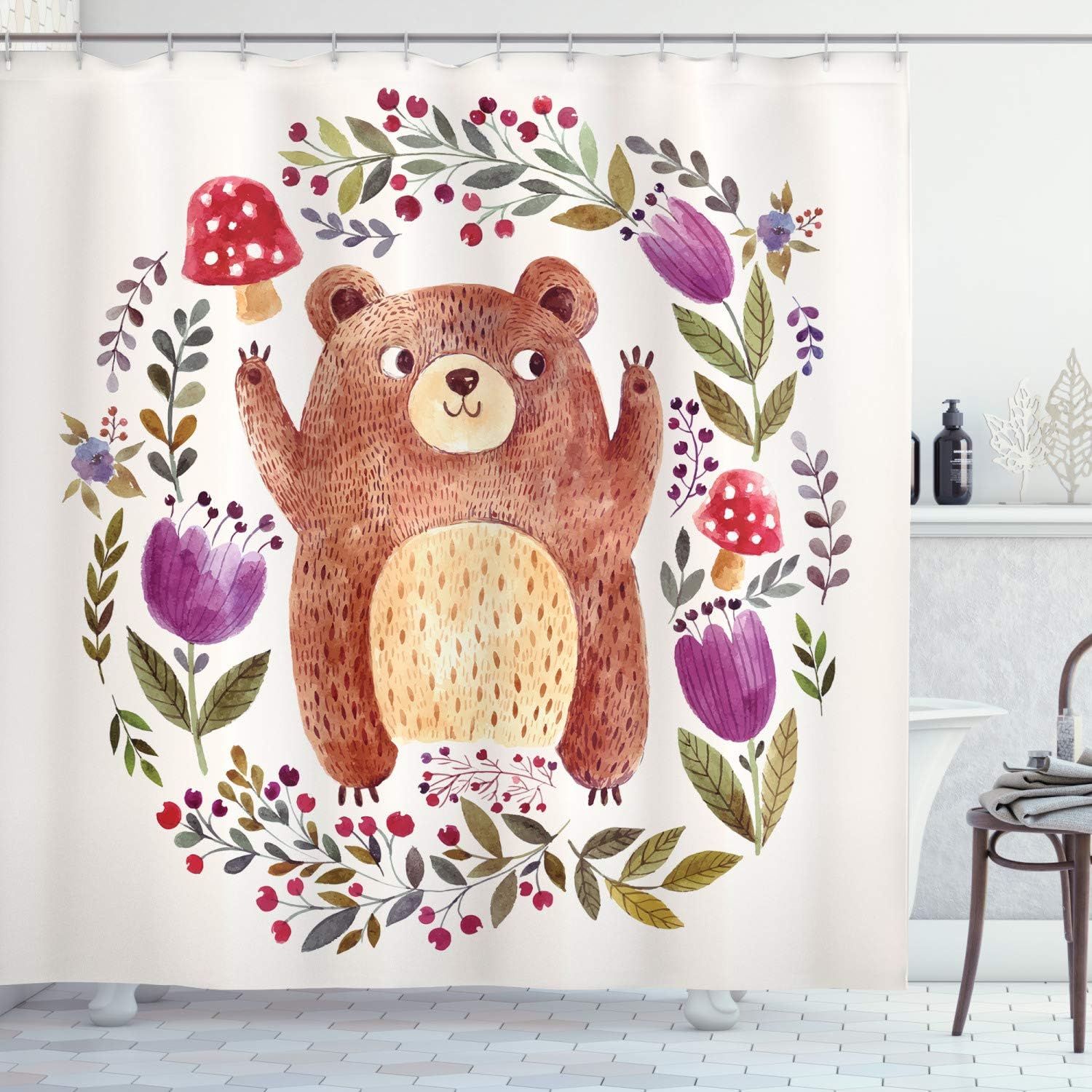 Happy Little Bear Flower Shower Curtain, Frame Of Mushrooms And Flowers Wreath Cloth Fabric Bathroom Decor