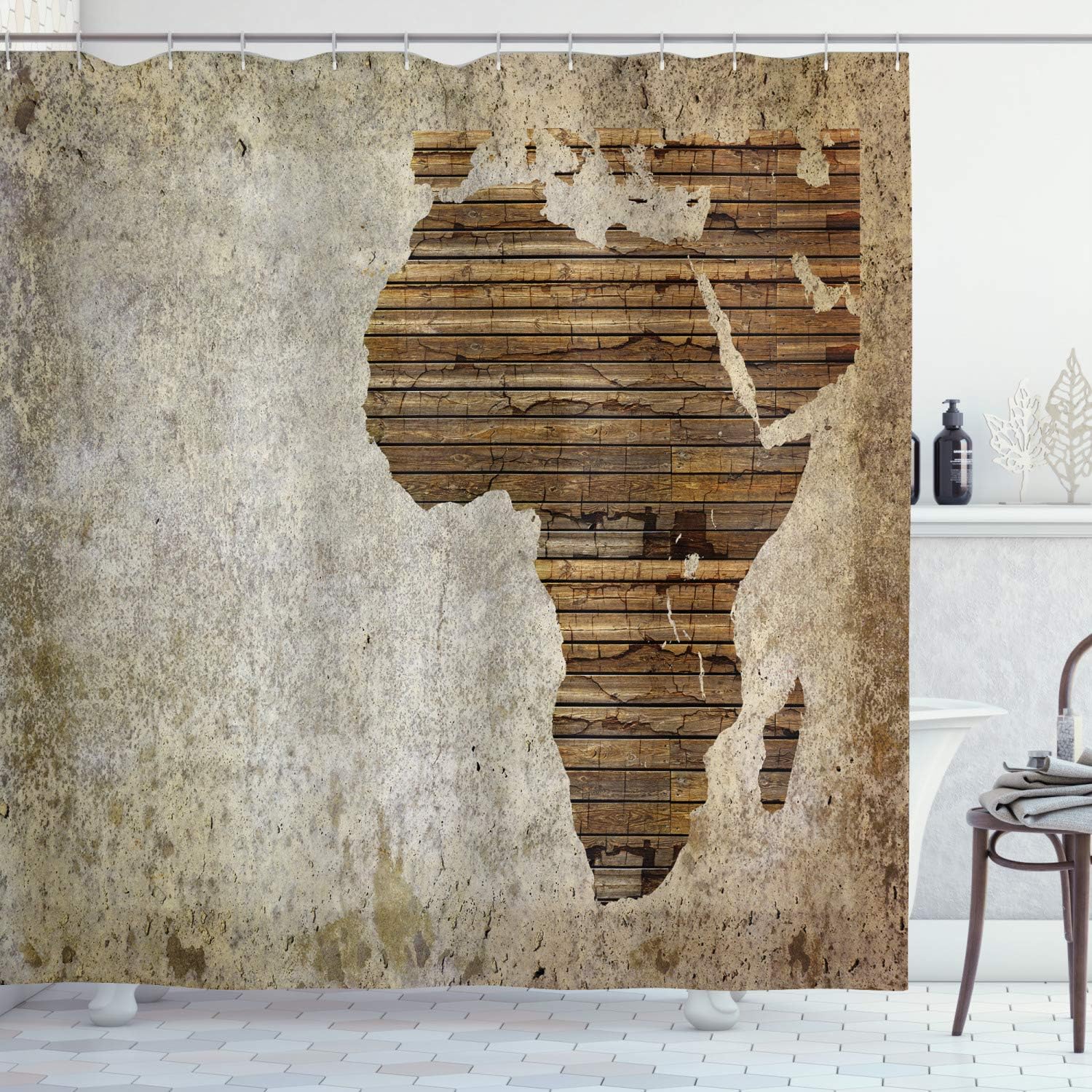 Geography Theme Wooden Plank & Map Shower Curtain Rustic Bathroom Decor