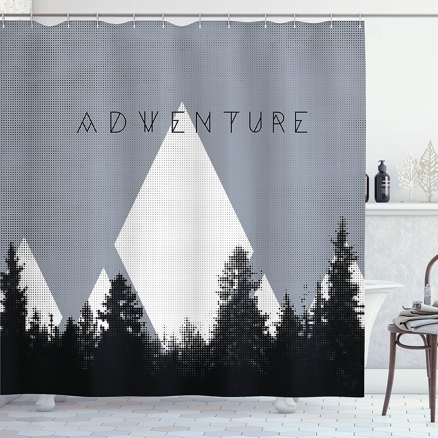 Forest Halftone Effect Camping Shower Curtain Adventure Bathroom Decor