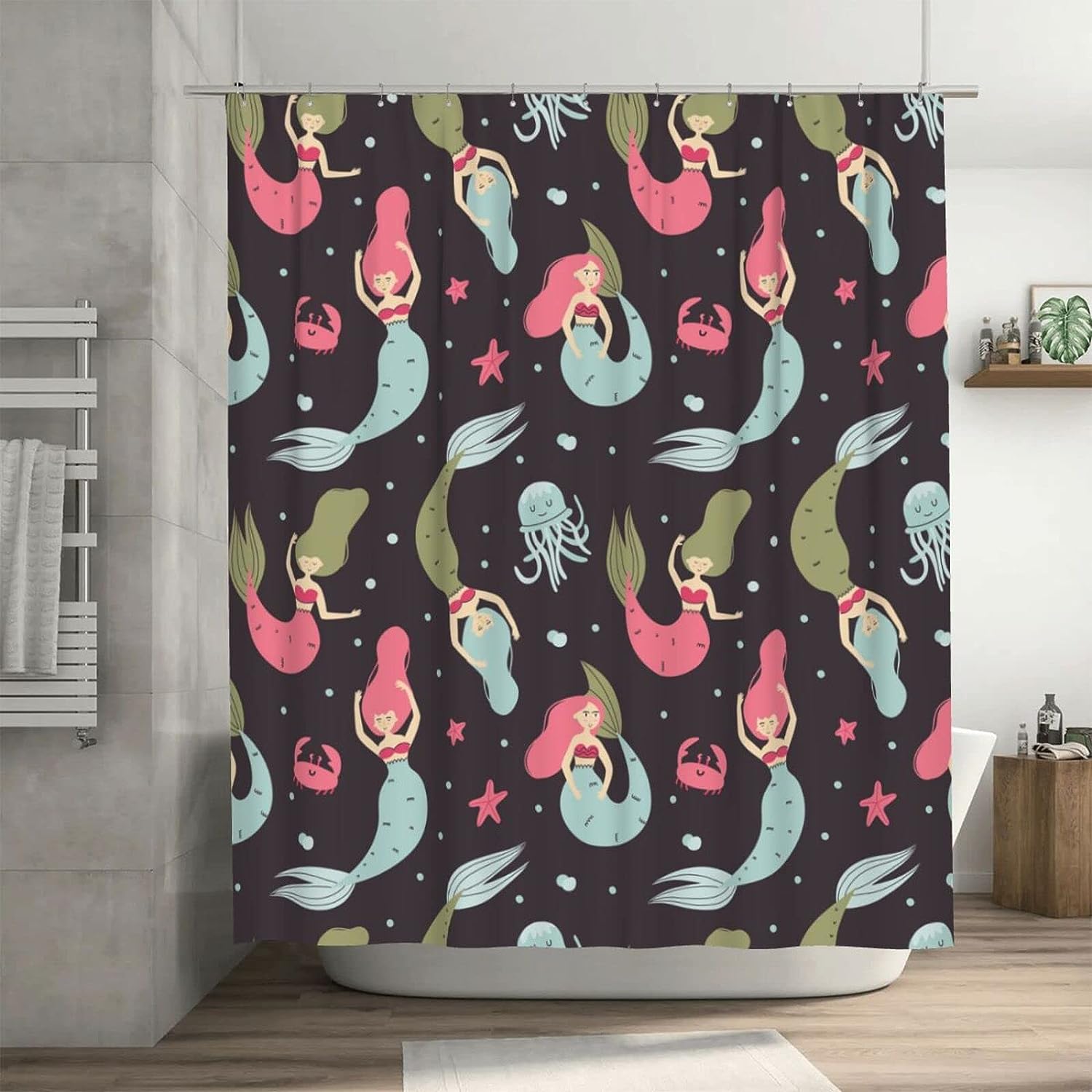 Cartoon Mermaid Black Shower Curtain Inches