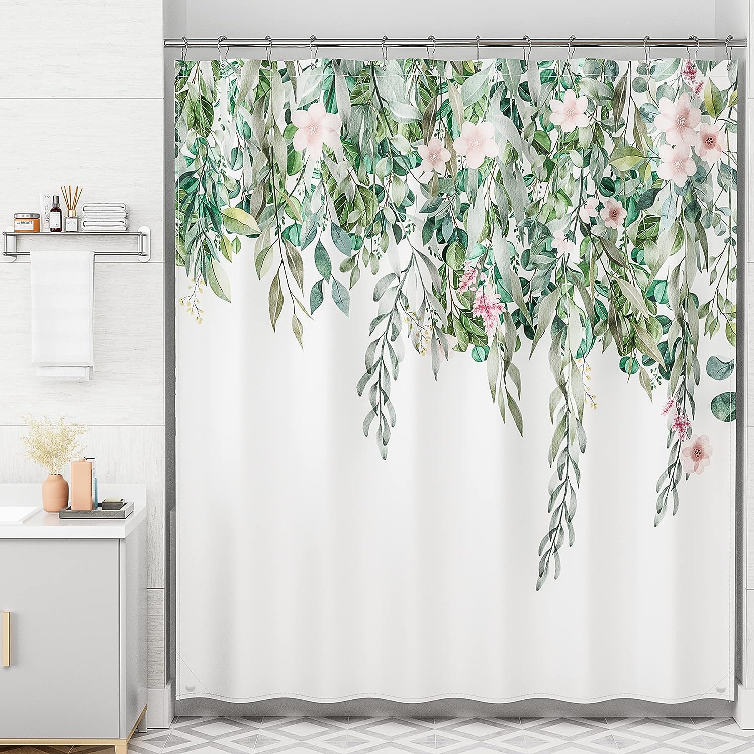 Green Leaves Cloth Shower Curtain Rustic Farmhouse Bathroom Decor