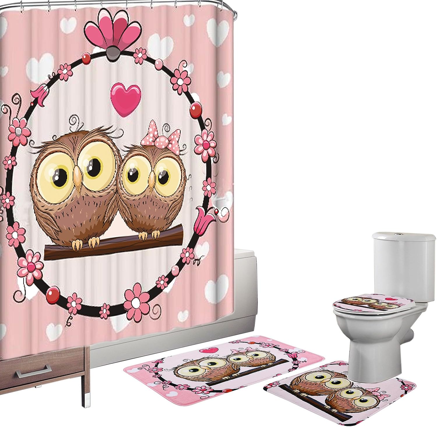 Owl Pedestal & Pink Shower Curtain Lovely Bathroom Set