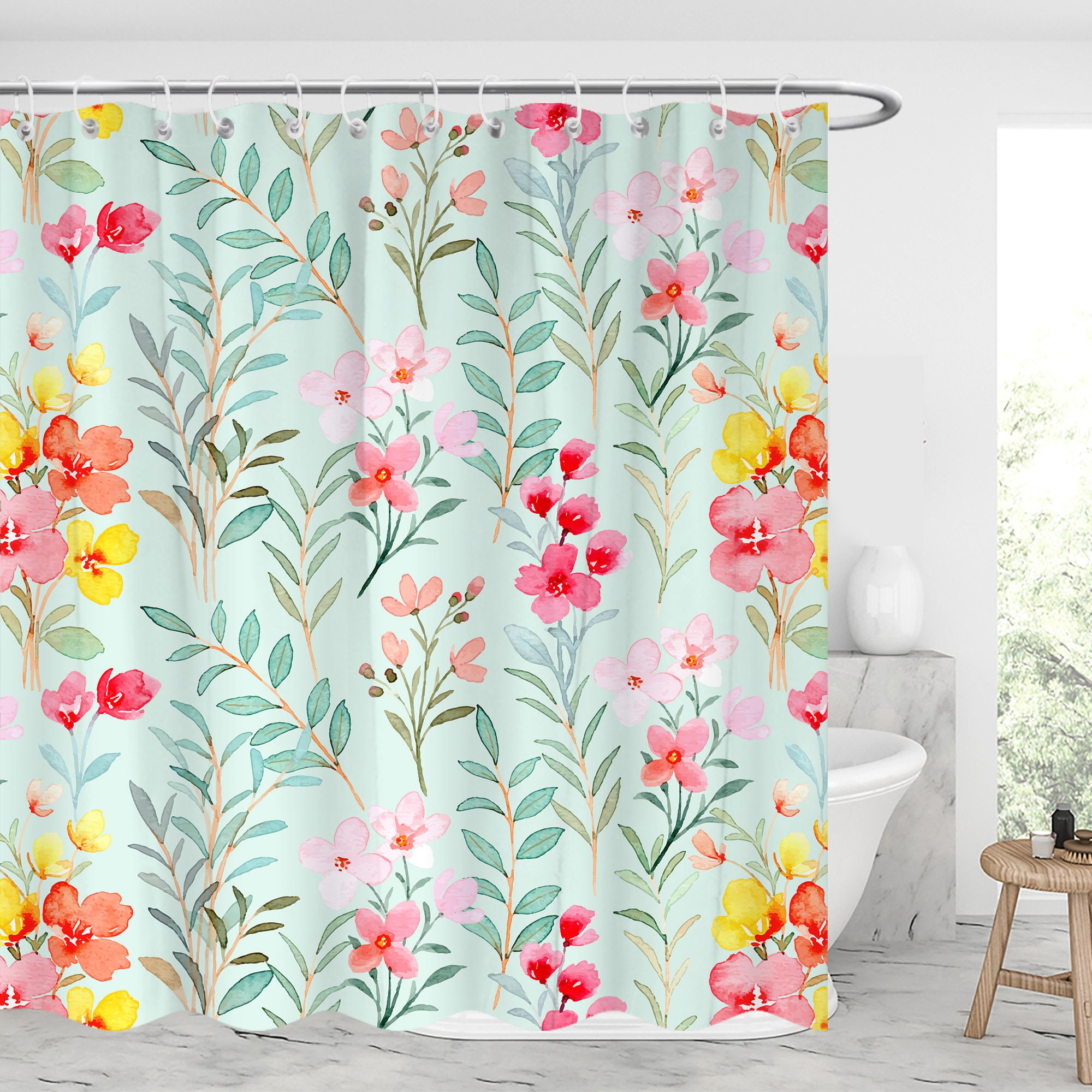 Floral Shower Curtain Set With Hooks Modern Bathroom Decor