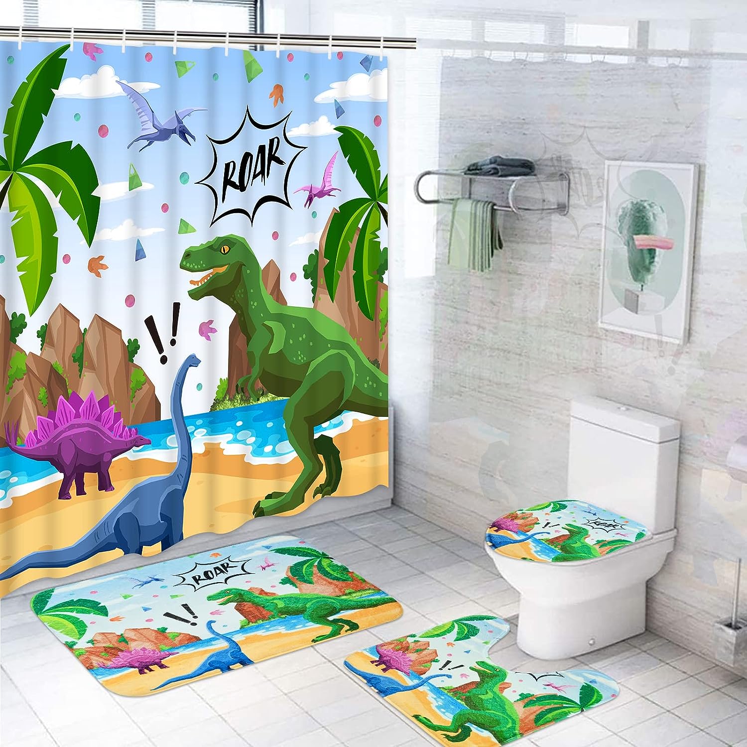 Cute Dinosaur Shower Curtain For Kids Bathroom Decor