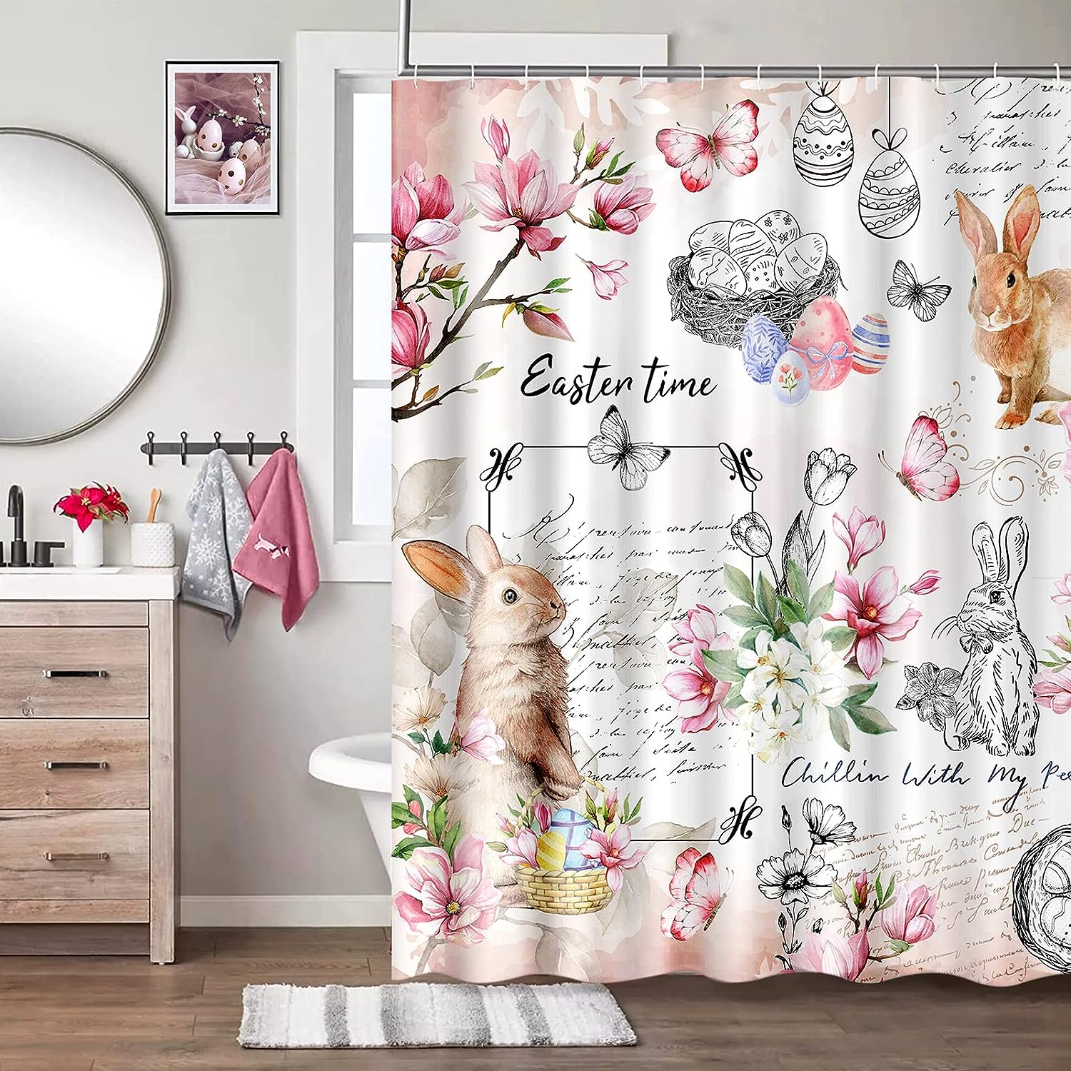 Cute Bunny And Butterfly Shower Curtain Easter Bathroom Decor