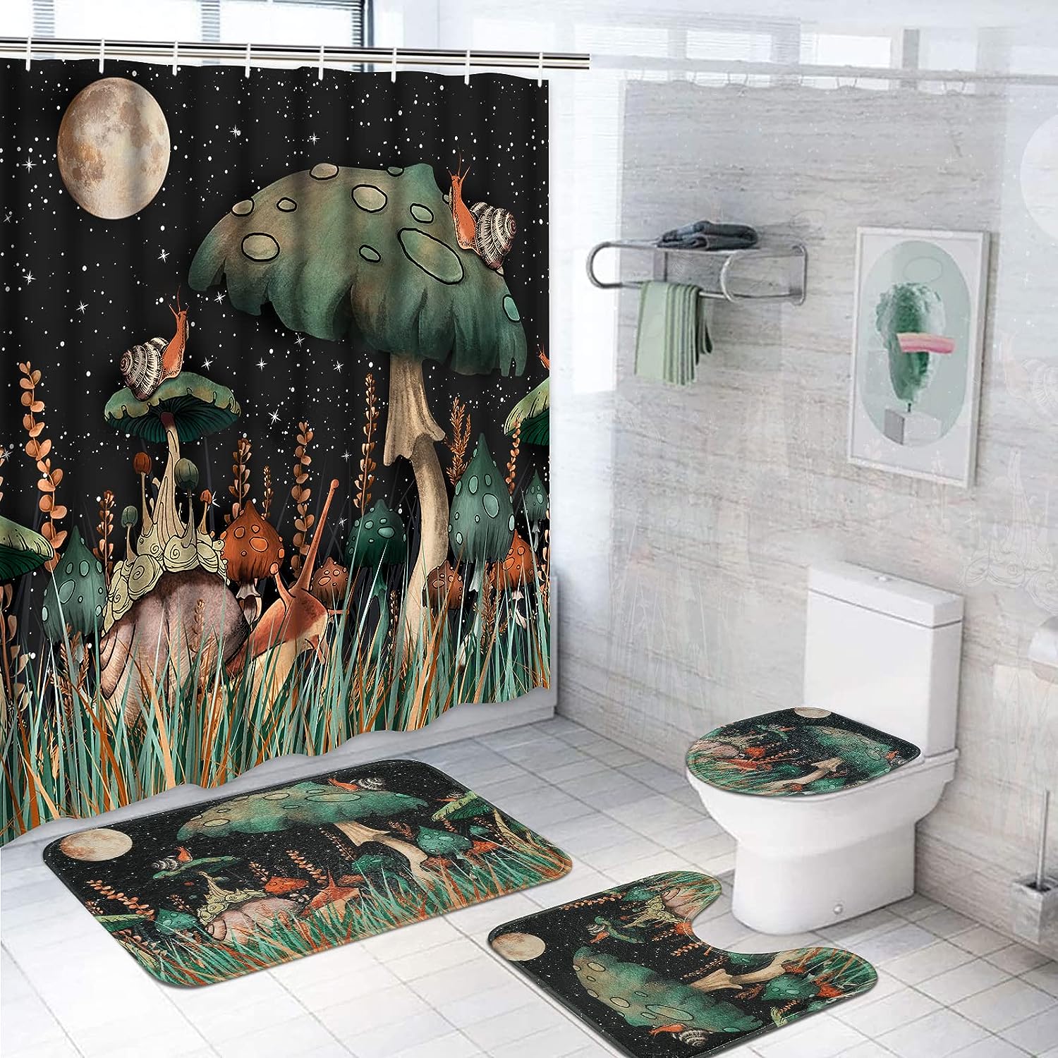 Plants And Moon Shower Curtain Mushroom Bathroom Decor