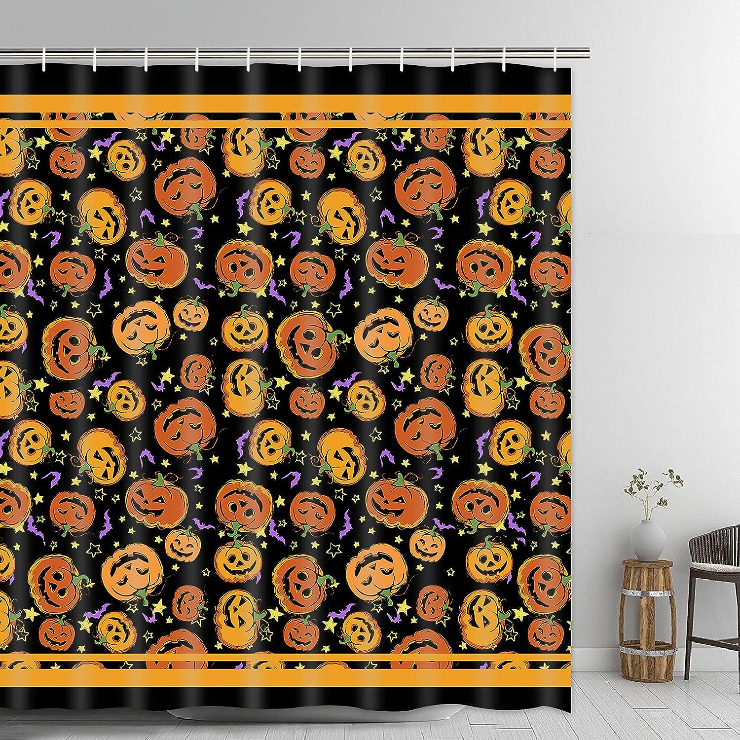 Funny Pumpkin Halloween Shower Curtain Black And Orange Bathroom Decor