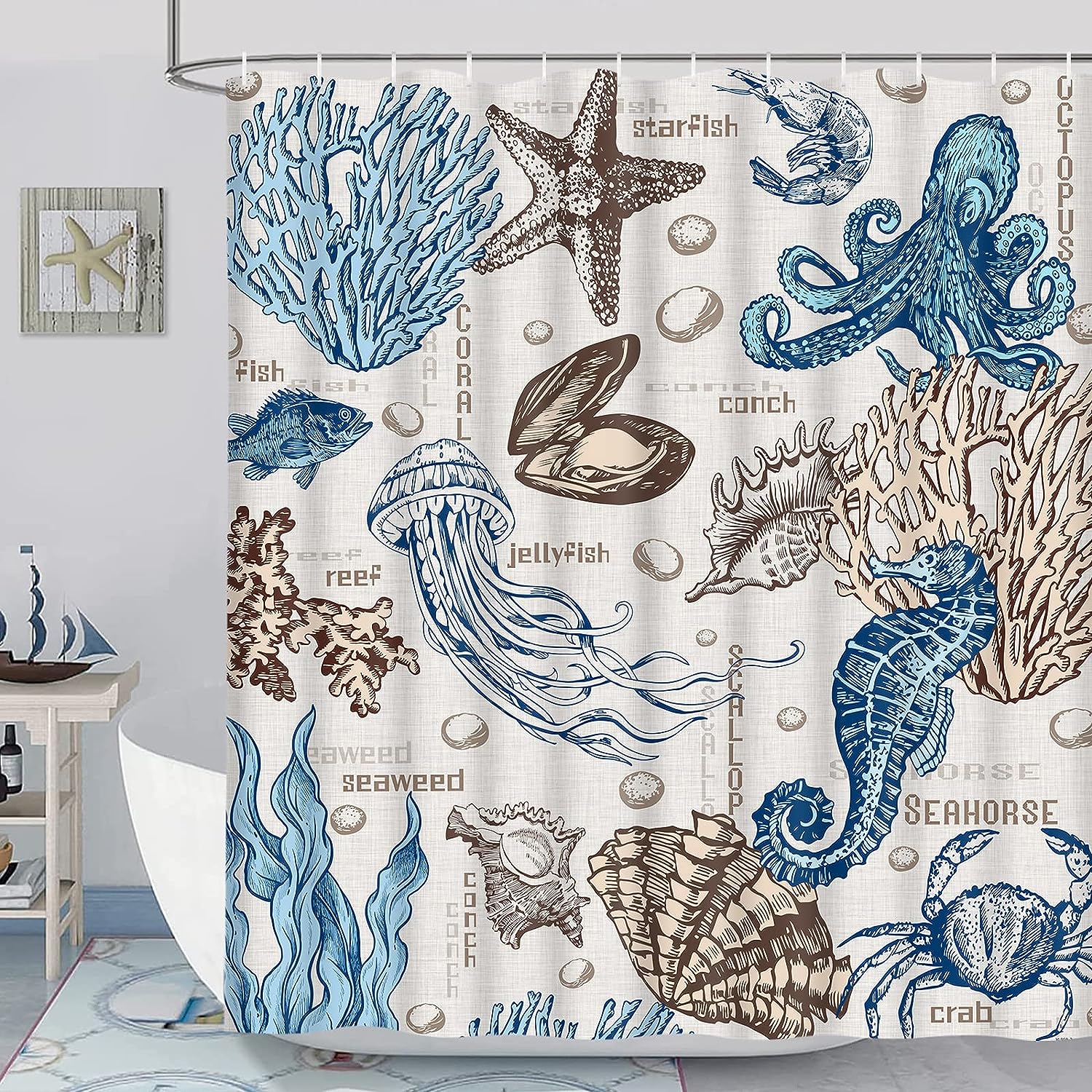 Nautical Octopus Shower Curtain Beach Bathroom Decor