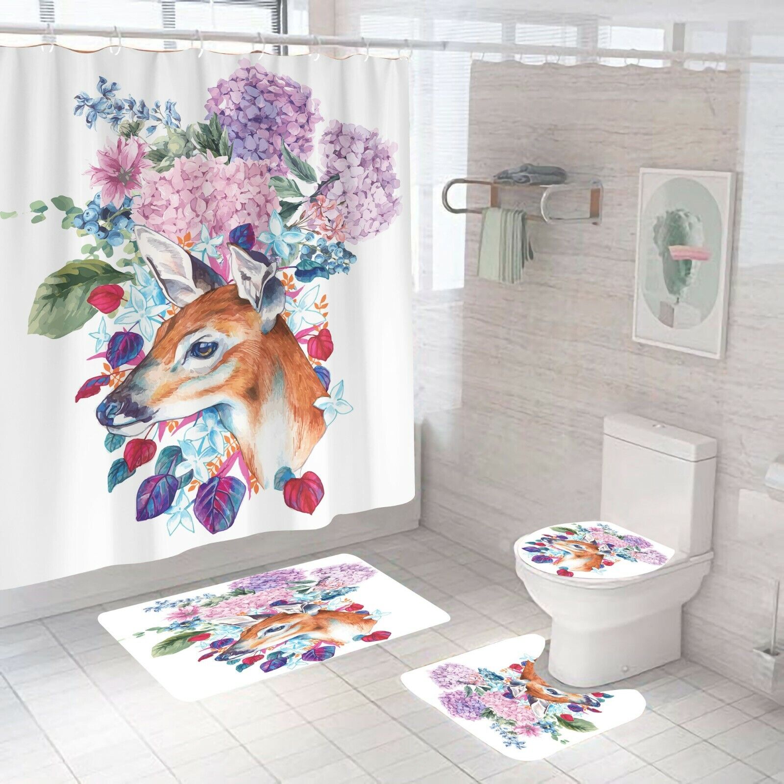 Deer Waterproof Bathroom Shower Curtain Mat For Home Decor