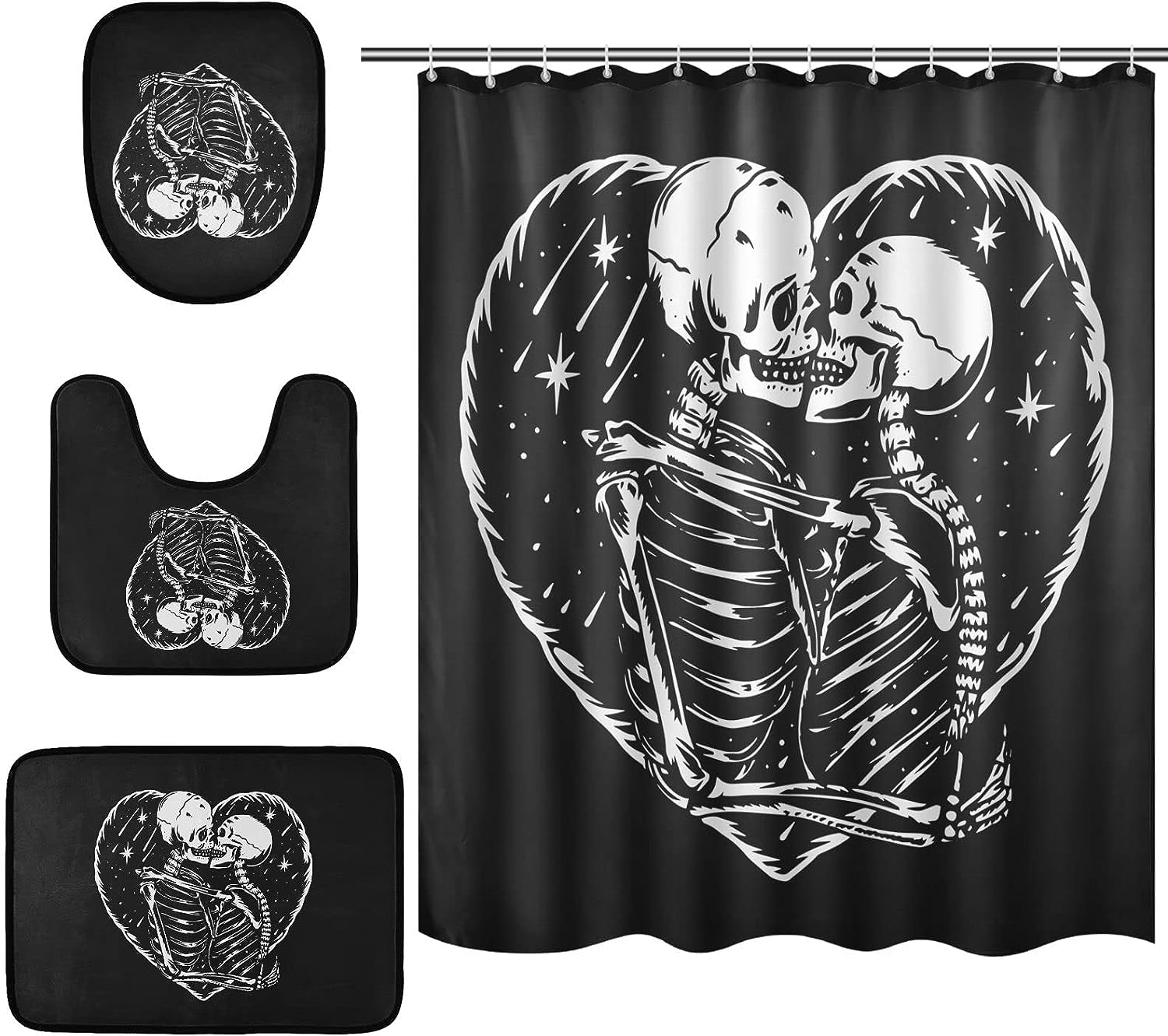 Skeleton Skull Love Heart Shower Curtain Set For Bathroom Home Decor
