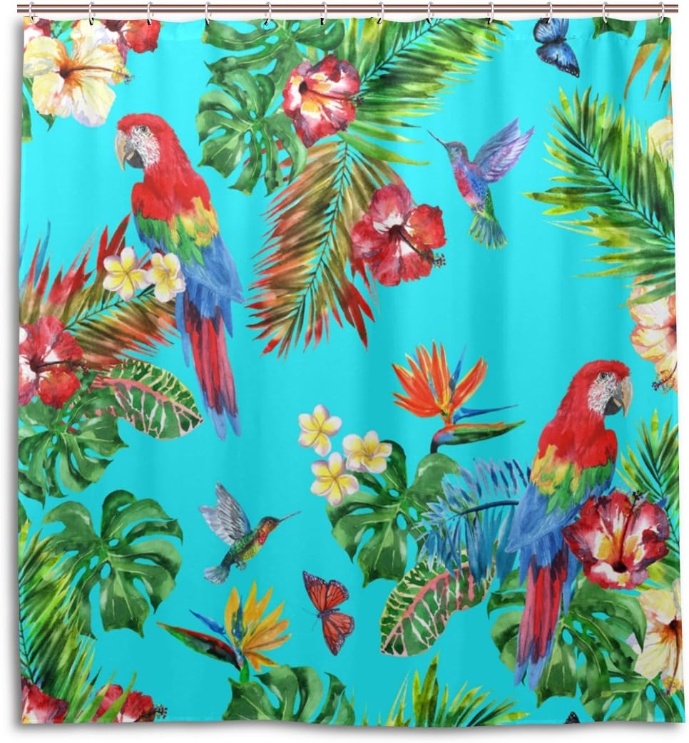 Parrot And Hummingbird Floral Shower Curtain For Tropical Bathroom Decor