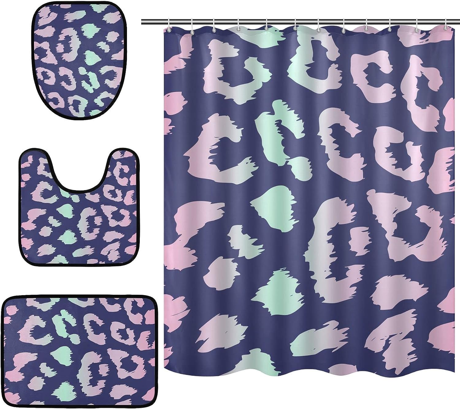 Neon Blue Pink Color Leopard Spot Shower Curtain And Mat For Bright Bathroom Decor