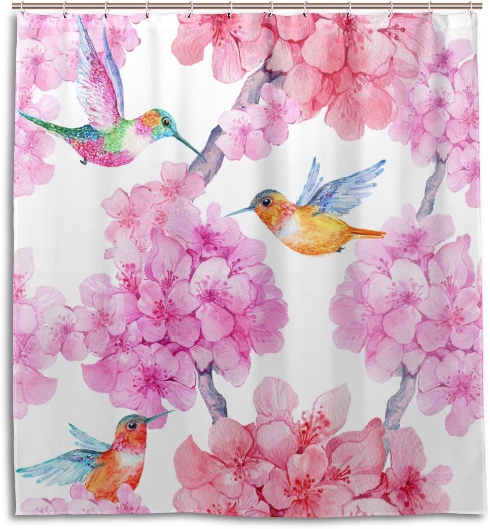 Hummingbird Flower Shower Curtain For Floral Bathroom Decor