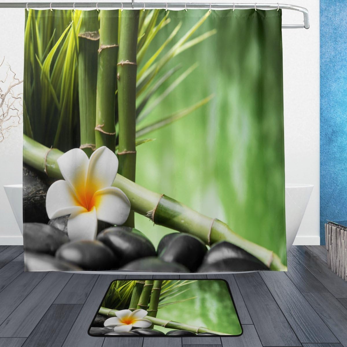 Hipster Zen Basalt Stones And Bamboo Shower Curtain For Calming Bathroom Decor