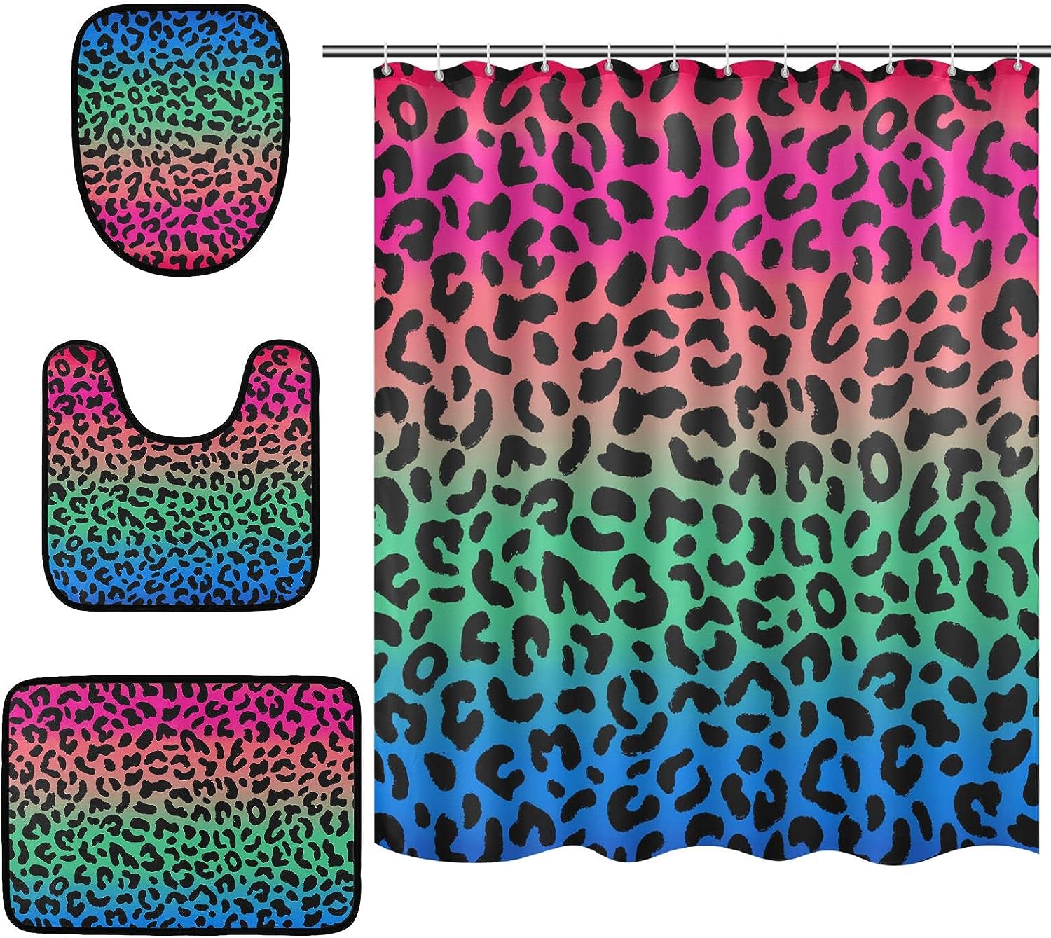Multicolor Leopard Spot Shower Curtain And Mat For Funky Bathroom Decor