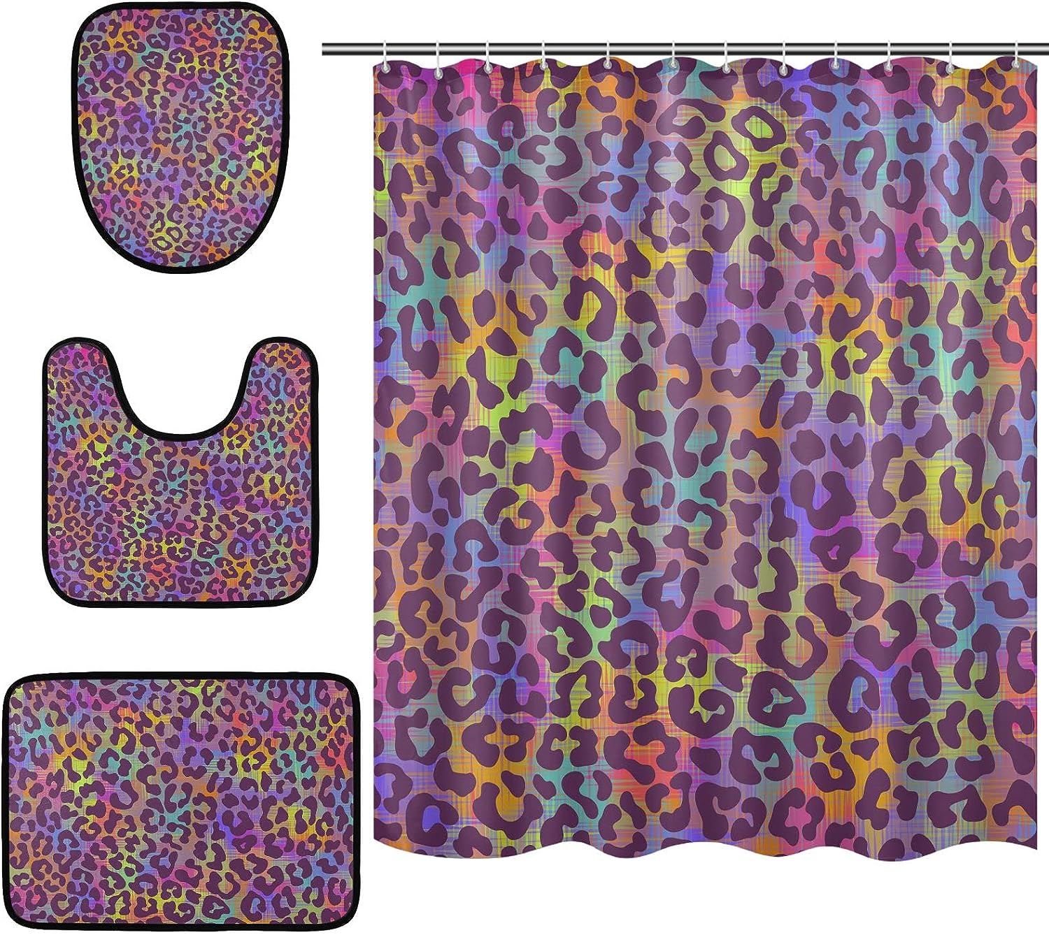 Neon Rainbow Colors Leopard Spots Shower Curtain And Mat For Fun Bathroom Decor