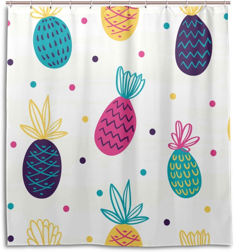 Colorful Pineapple And Polka Dot Shower Curtain For Summer Bathroom Decor