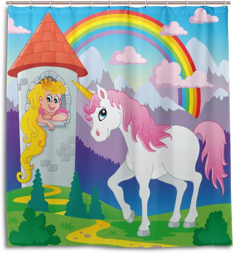 Fairy Tale Girl Unicorn Rainbow Shower Curtain For Magical Bathroom Decor