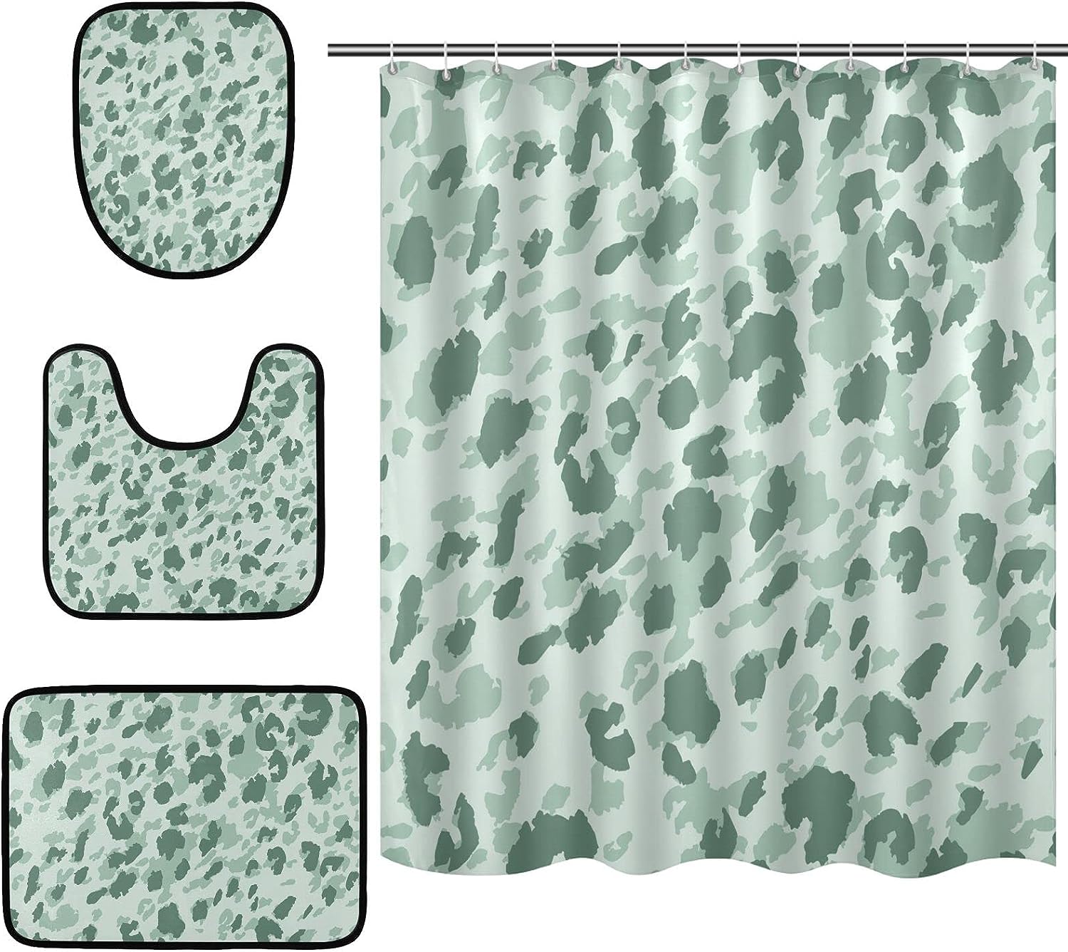Green Leopard Spot Shower Curtain With U-Shaped Contour For Nature-Inspired Bathroom Decor