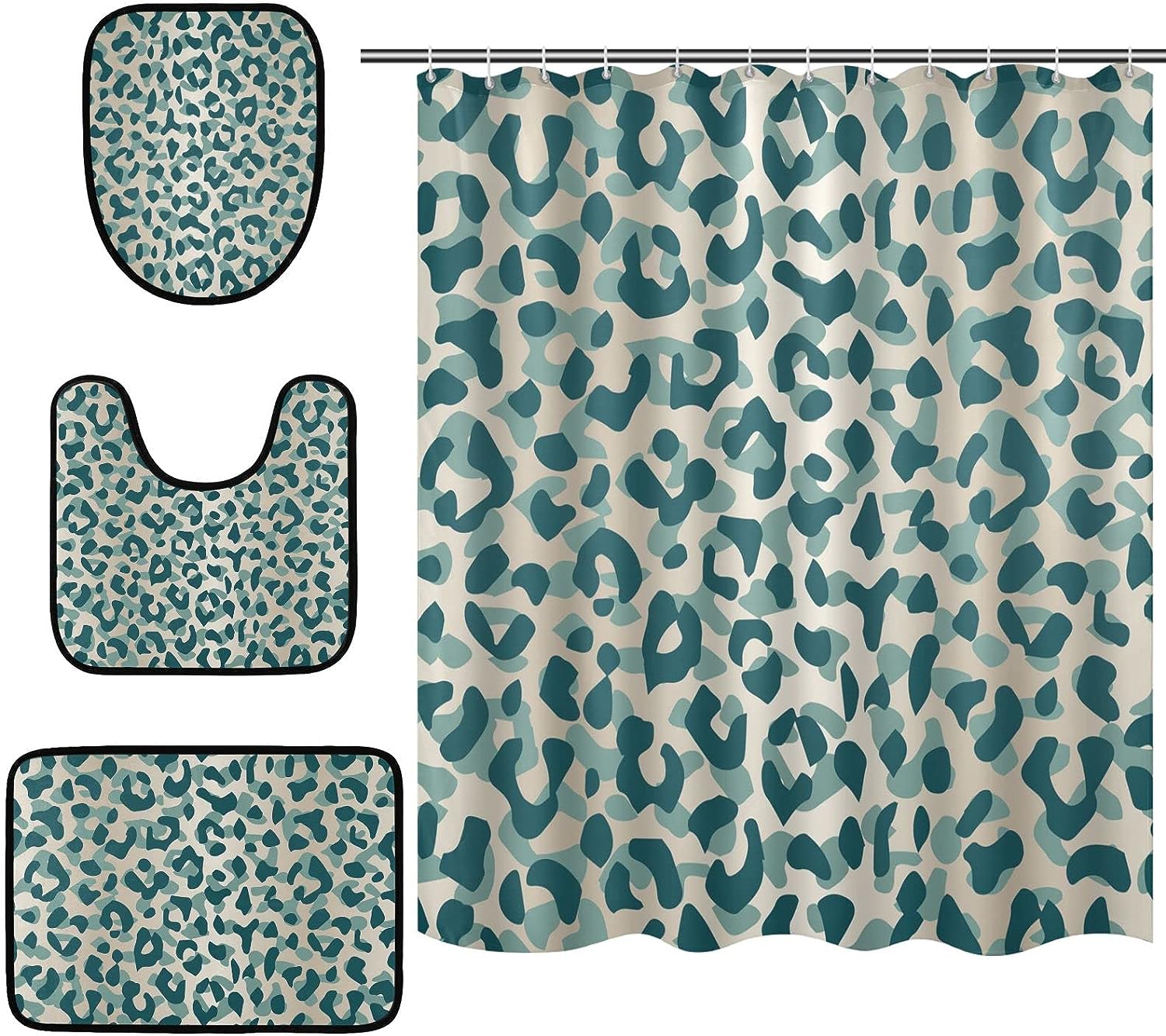 Green Leopard Abstract Geometric Shower Curtain With U-Shaped Contour For Modern Bathroom Decor