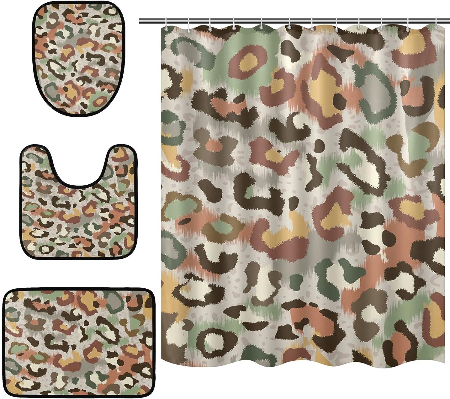 Camouflage Abstract Leopard Spot Shower Curtain With U-Shaped Contour For Stylish Bathroom Decor