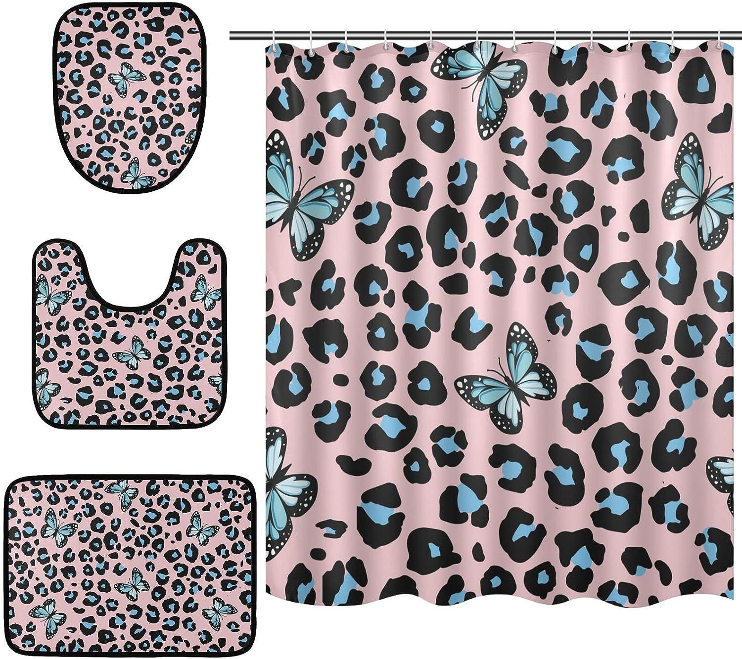 Butterfly Leopard Spot Shower Curtain And Mat For Trendy Bathroom Decor