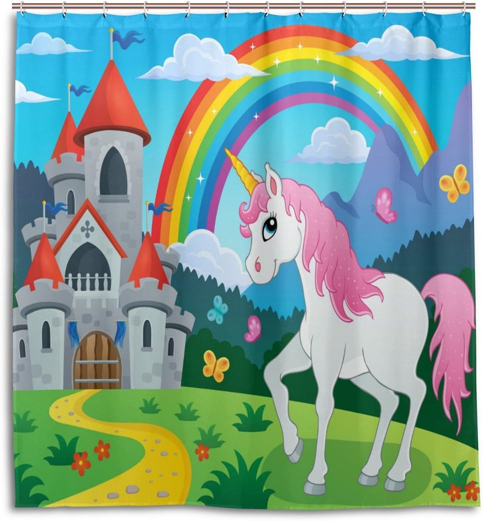 Castle Unicorn Rainbow Shower Curtain For Whimsical Bathroom Decor
