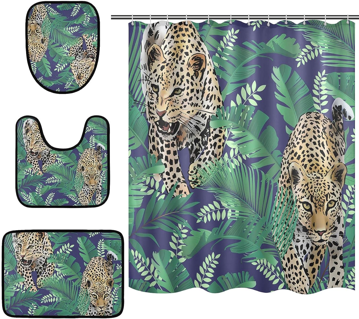 Cheetah Leopard Tropical Palm Leaves Shower Curtain With Mat For Exotic Bathroom Decor
