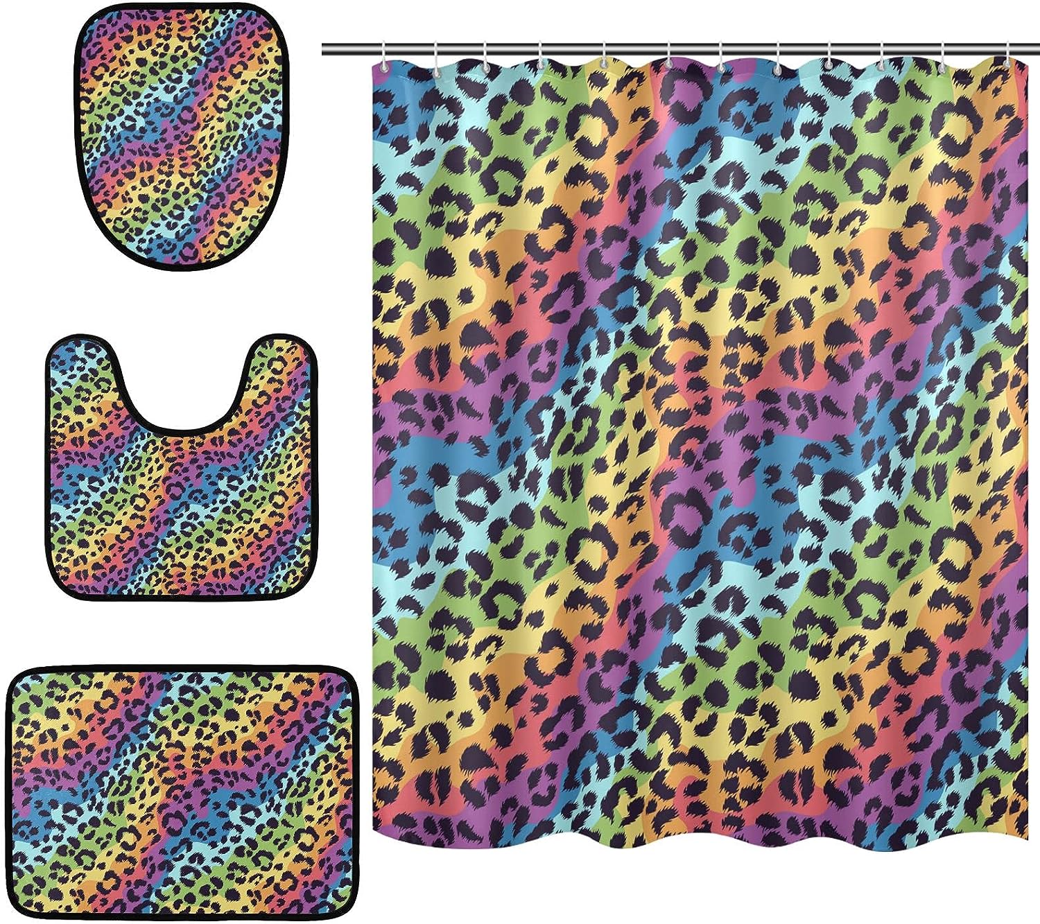 Bright Colors Leopard Spot Shower Curtain With Matching Mat And Contour Unique Bathroom Decor