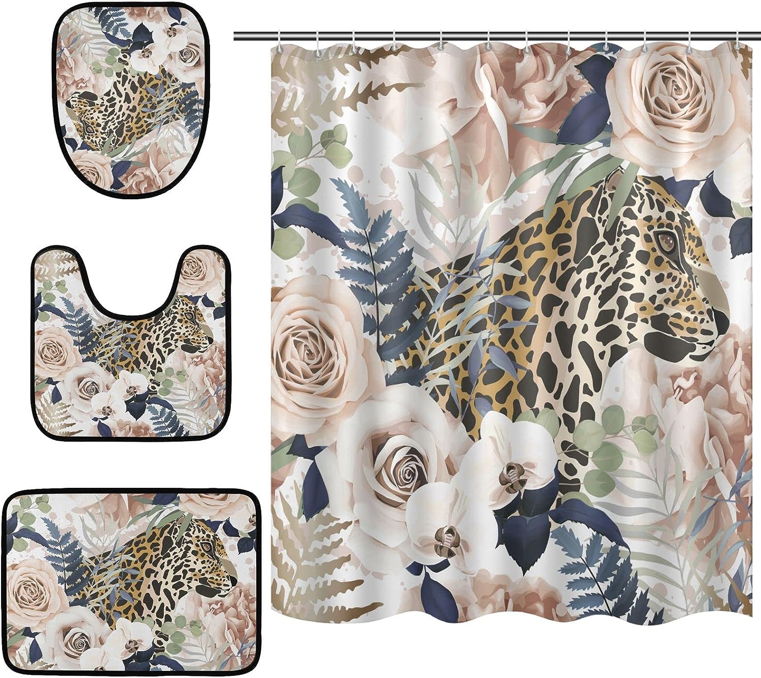 Floral Vintage Leopard Shower Curtain With U-Shaped Contour For Classic Bathroom Decor