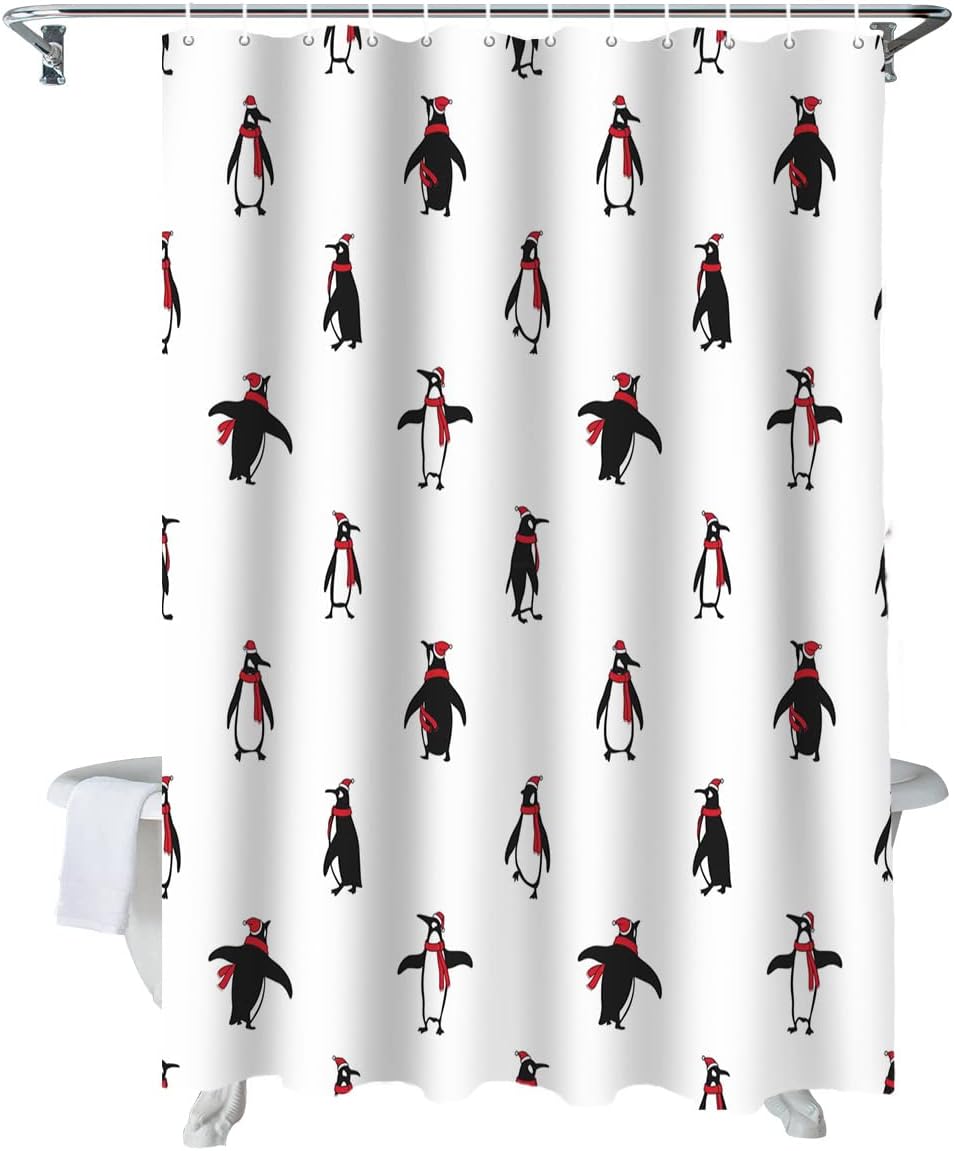 Penguin Pattern Christmas Shower Curtain Festive Bathroom Decor For The Holiday Season