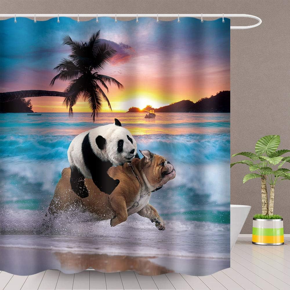 Panda Riding On A Dog Shower Curtain Creative Animals Seaside Beach Bathroom Decor