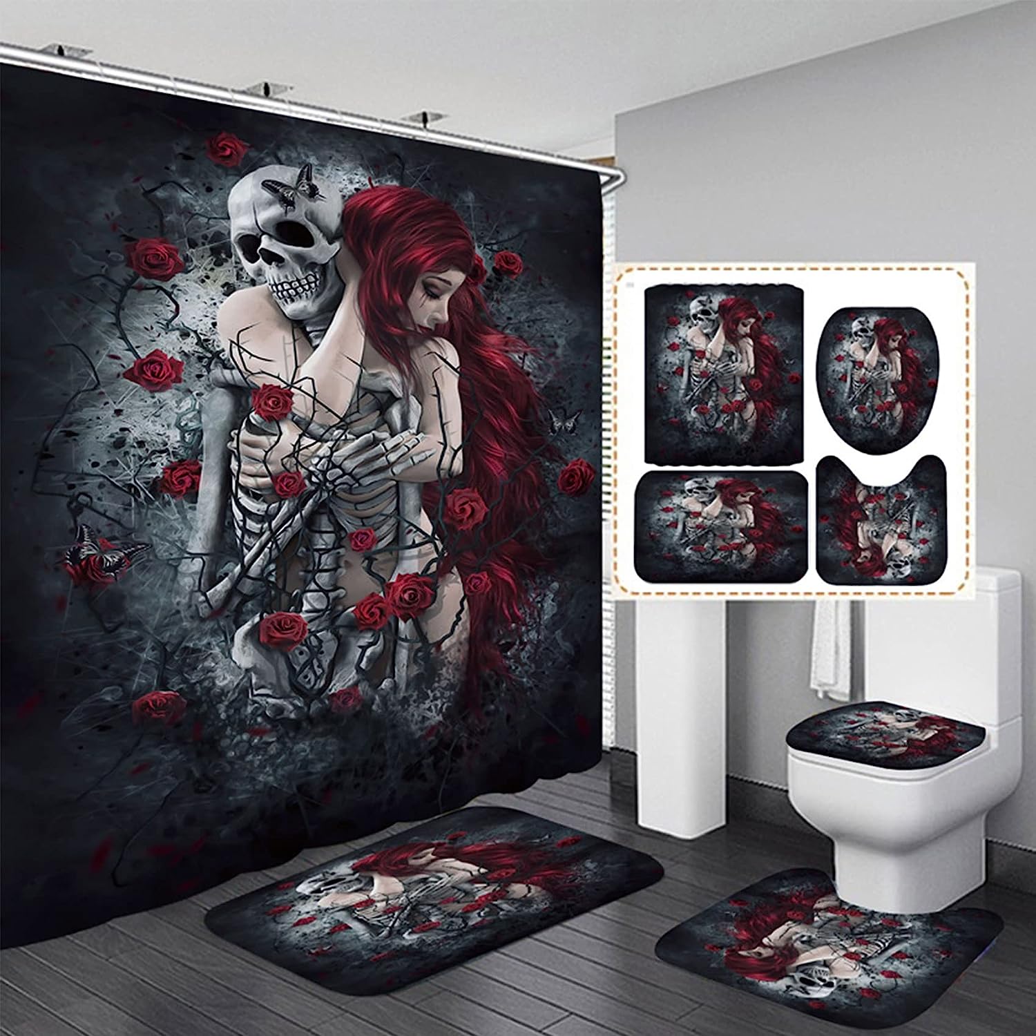 Hug Lover Skull Shower Curtain Gothic Bathroom Decor With Waterproof Fabric And Memory Foam
