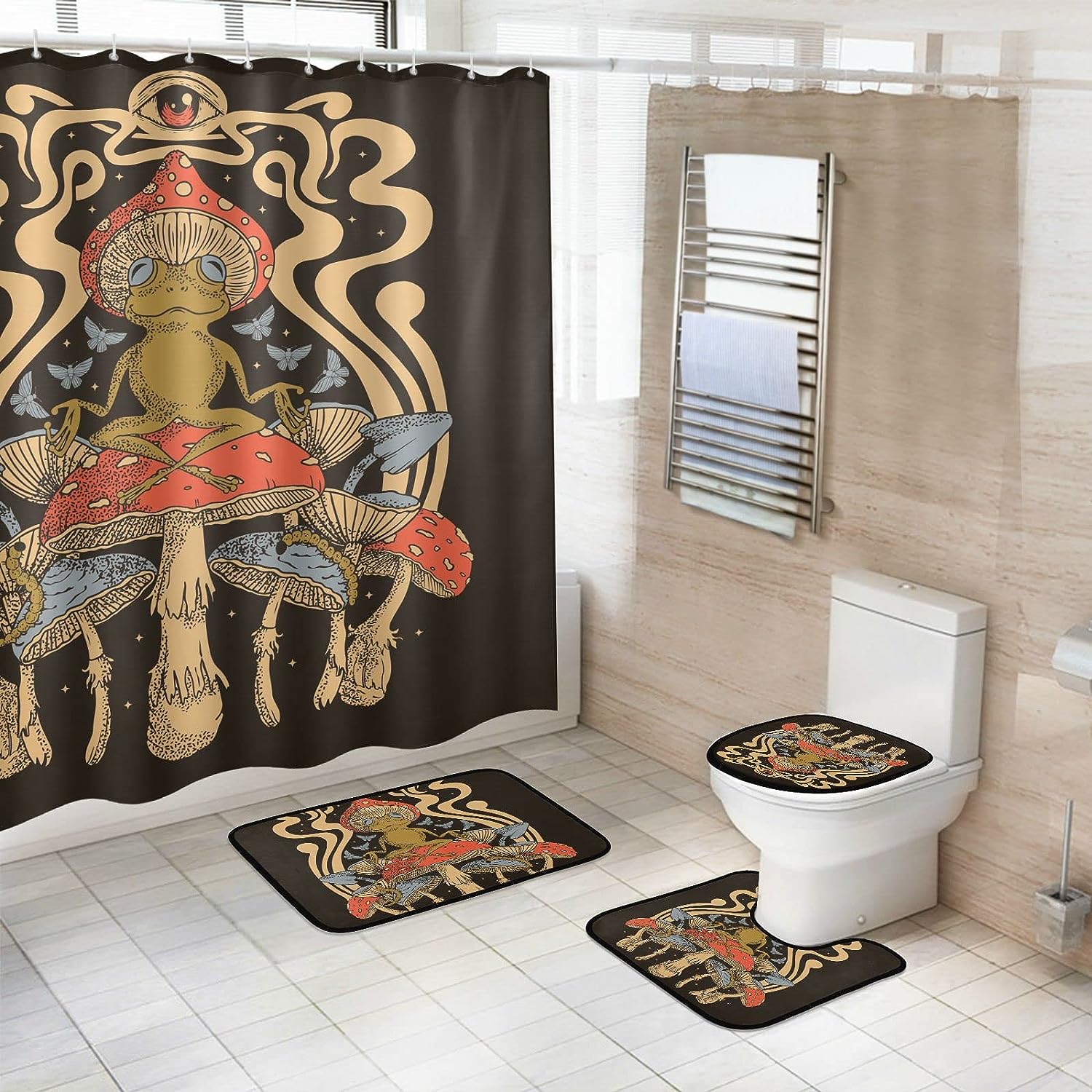 Frog And Mushroom Graphic Decorative Shower Curtain Whimsical Bathroom Decor Combination