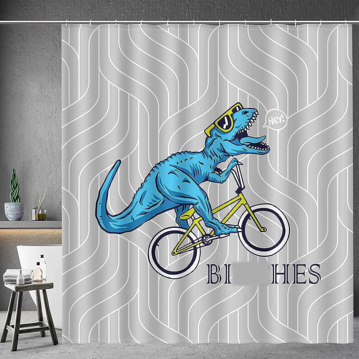 Cute Dinosaur Ride A Bike Pattern Shower Curtain Whimsical Bathroom Decor For Kids