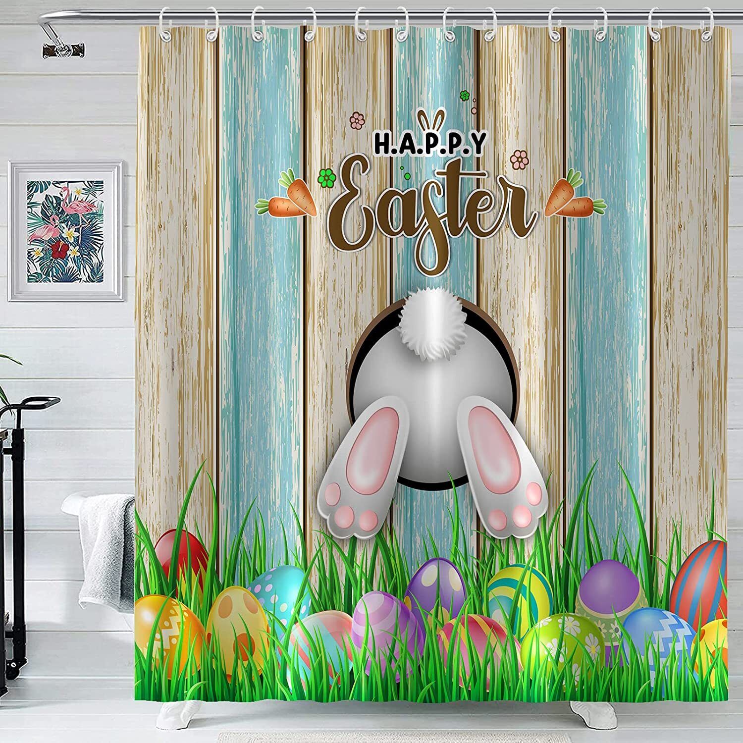 Happy Easter Shower Curtain Cartoon Bunny Patterned Bathroom Decor For Spring