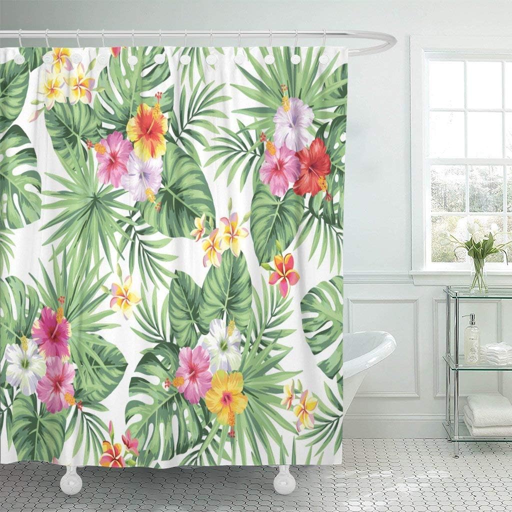 Green Hawaiian Tropical Palm Leaves Shower Curtain Set Floral Bathroom Decor