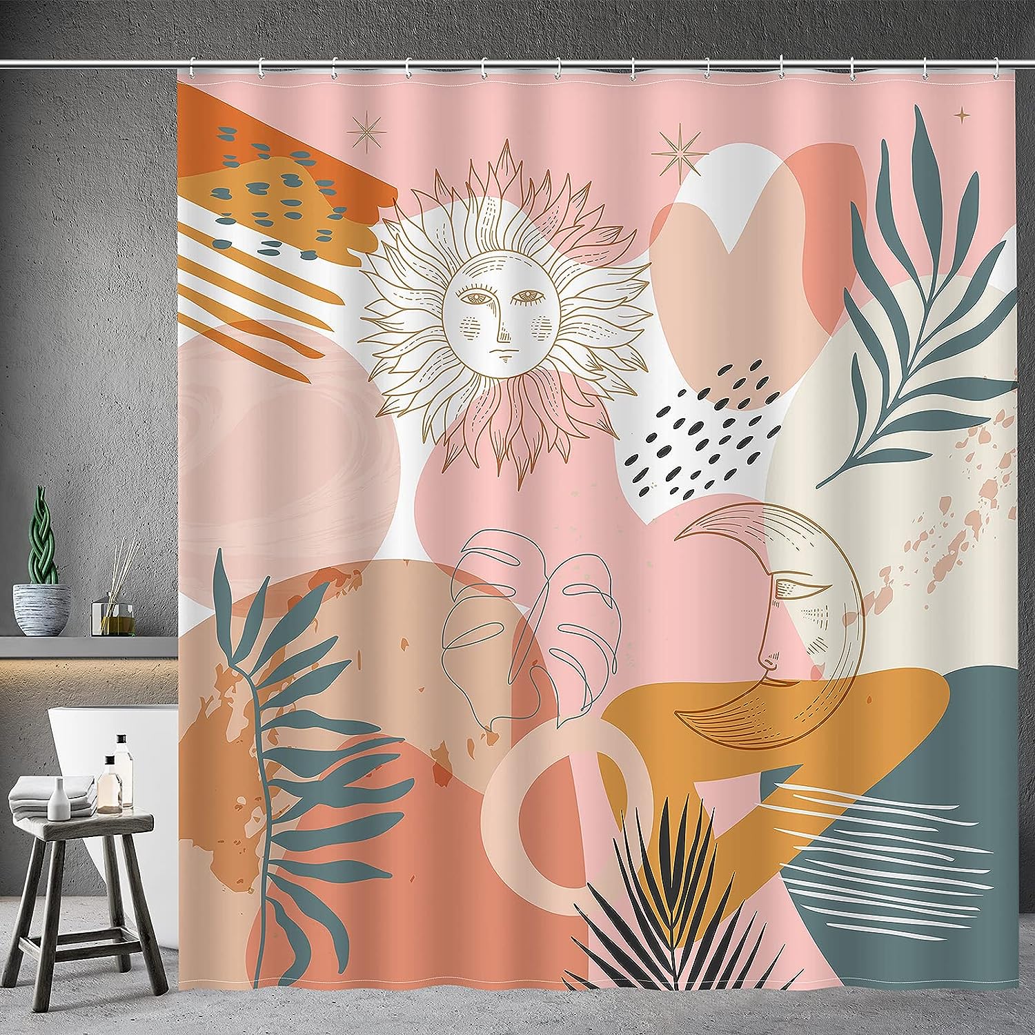 Boho Minimalist Sun Moon Shower Curtain Abstract Bathroom Decor With Plant Leaves Pattern