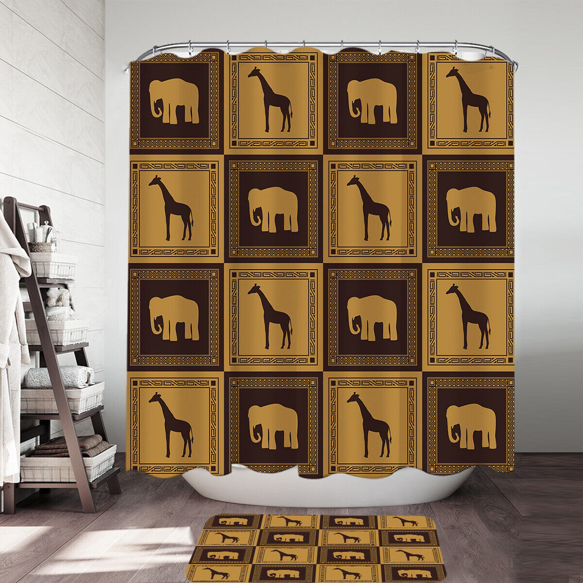 African Tiles Elephant And Giraffe Shower Curtain