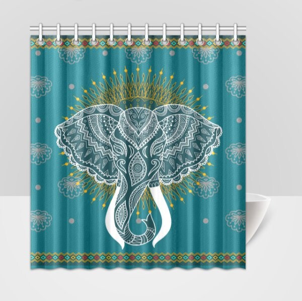 Elephant Head Shower Curtain With Indian Motives For Good Vibes Bathroom Decor